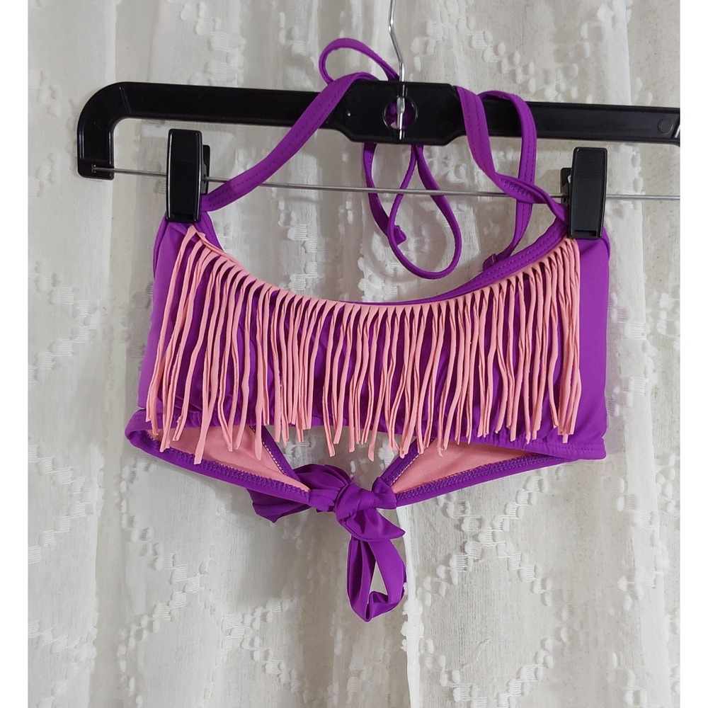 OP Ocean Pacific Womens Purple Pink Fringe Halter Bikini Top Size M 7-9 OPS24351